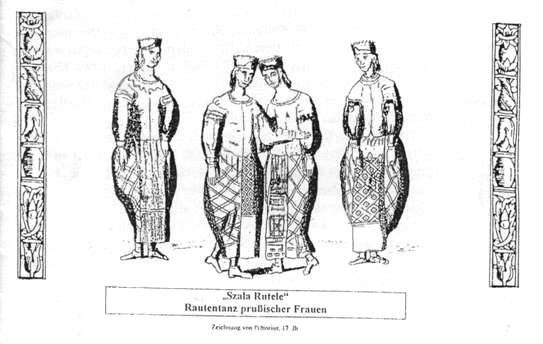 "Szala Rutele" - Rautentanz prußischer Frauen - Zeichnung von Prätorius, 17. Jh.