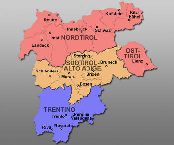 Die historische Region Tirol, sowie die heutige Europaregion Tirol-Sdtirol / Alto Adige Terentino. - Karte fr weitere Informationen anklicken!