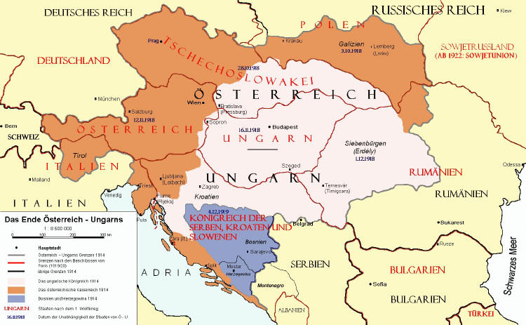 Die Aufteilung der sterreichisch-Ungarischen Monarchie gem den Pariser Vorortvertrgen nach dem Ersten Weltkrieg. - Karte zur Vergrerung anklicken!