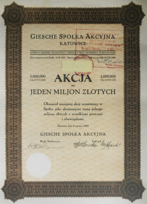 Giesche-Aktie über 1.000.000 Sloty, datiert aus dem Jahre 1929.