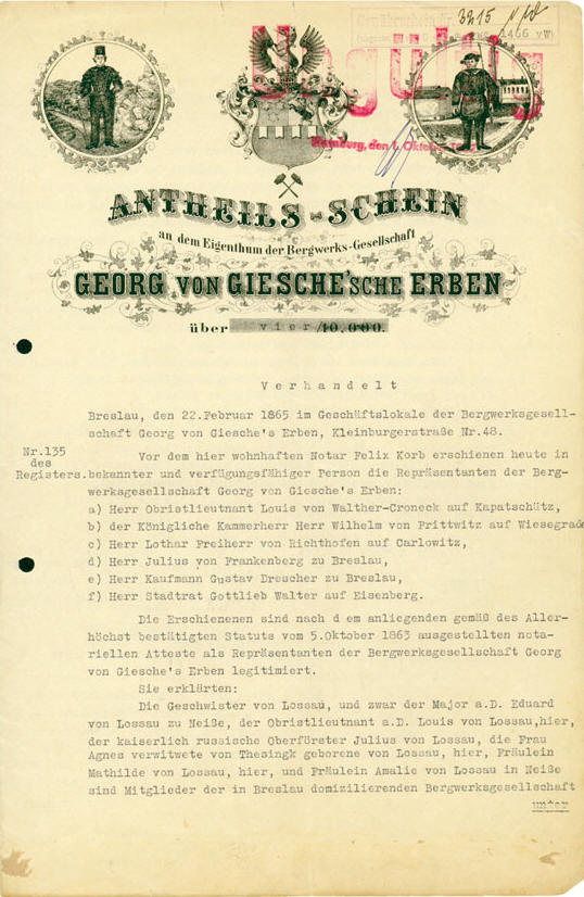Anteils-Schein an dem Eigenthum der Bergwerks-Gesellschaft Georg von Giesche`sche Erben 1865