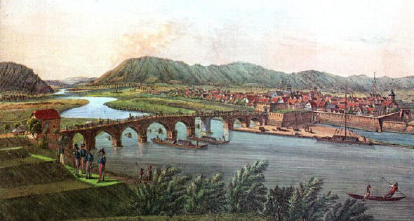 Minden und die Porta Westfalica, kolorierte Radierung von Anton Wilhelm Strack, 1826; Originalgröße: 42,9 x 61,5 cm, Professor der Zeichenkunst an der Militärhochschule und dem Gymnasium in Bückeburg, geboren 10. August 1758 in Haina, gestorben 12. Januar 1829 in Bückeburg