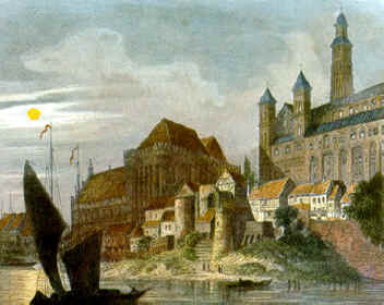 Marienburg, mit Hochmeisterpalast, Hochschlo und Brcktor.  - Stahlstich nach Domenico Quaglio, 1834