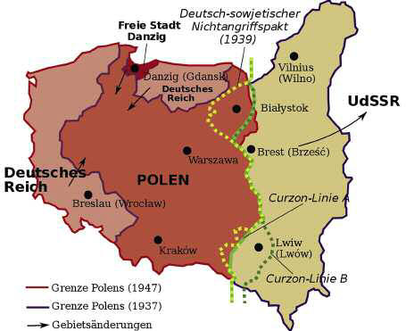 Von Polen in der Zwischenkreigszeit erobert und nach dem Hitler-Stalin-Pakt wieder verloren: Das mehrheitlich von Nichtpolen bewohnte Ostpolen (braun)