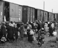 Sudetendeutsche betreten die Gterwaggons, mit denen sie 1946 die Tschechoslowakei verlassen mssen.   (dpa / CTK)